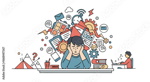 The Struggle of Overwhelmed Businessperson Drowning in Conflicting Tasks and Heavy Burden
