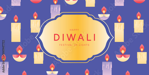 Happy Diwali Festival of Lights banner with glowing candles, oil lamps, golden frame on purple background. Indian holiday celebration design. Vector illustration for greeting card, poster, banner