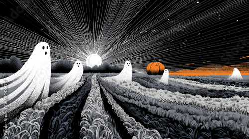 Stylized Halloween Vector Scene with Rising Pumpkin Sun and Flowing Ghosts in Farmland Twilight