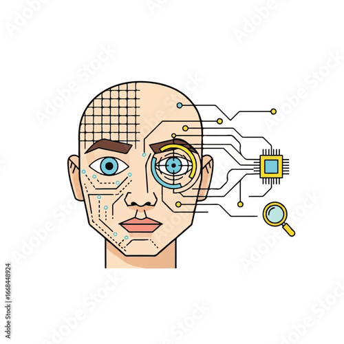Cybernetic human head, biometrics, technological integration, futuristic design