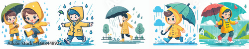 vector of a boy playing in the rain wearing raincoats