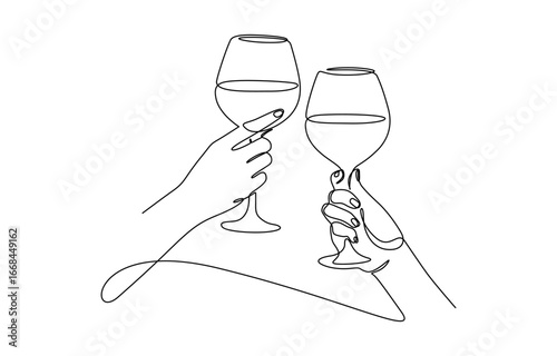 Hand drawn hands hold wine clinking glasses one line art vector illustration. Editable outline