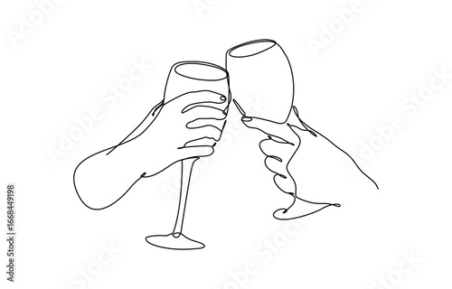 Hand drawn hands hold wine clinking glasses one line art vector illustration. Editable outline