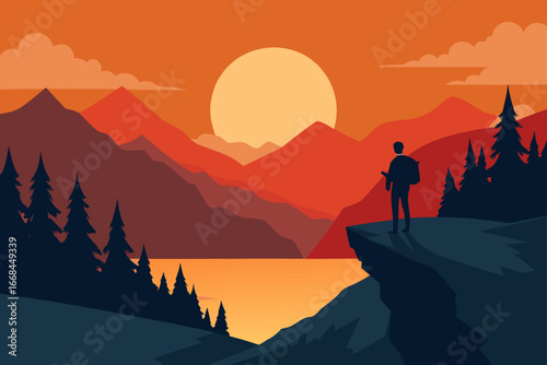 Silhouette of man watching sunset over mountains