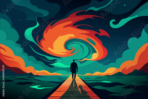 Silhouette on pier under swirling fiery sky art