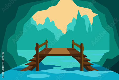 Wooden pier leading into a cave with water view