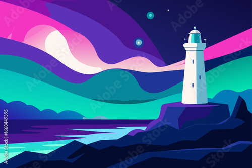 Stylized lighthouse scene with cosmic sky design