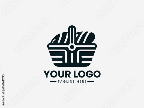 Woven basket filled with fresh bakery items in warm artisanal vector logo