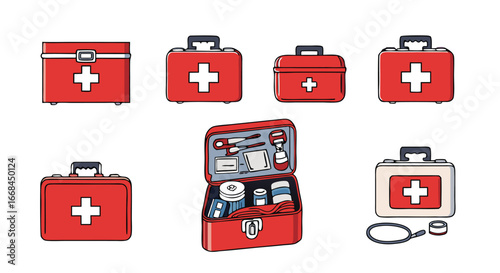 Comprehensive collection of first aid kit icons for emergency medical preparedness and health safety solutions
