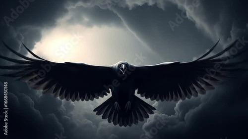 A striking black raven soaring through dark, stormy clouds.