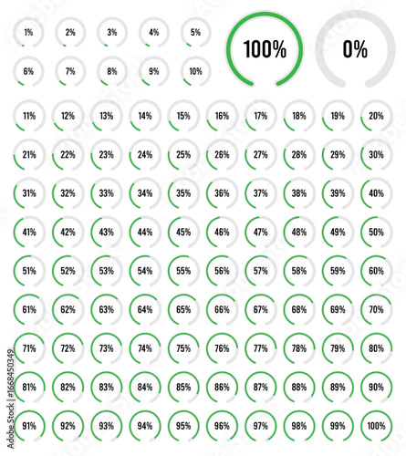 Set of circular sector percentage diagrams meters from 1 to 100 ready-to-use for web design, user interface ui. Set of circular sector percentage diagrams from 1 to 100. 
