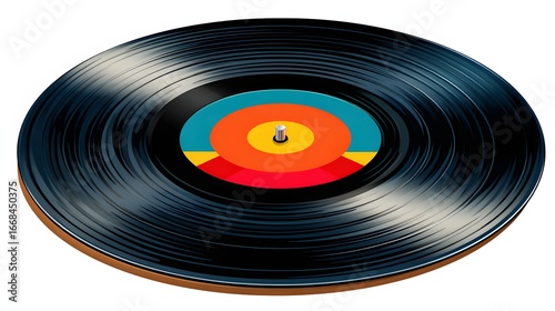 Colorful Vinyl Record Disc Spinning on White Background with Geometric Design