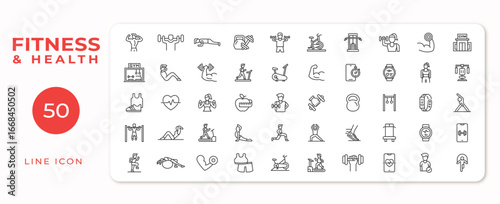Fitness and health icon set. Related icons, Healthy Lifestyle, Exercising, Sport, Healthy Eating, Gym, Wellbeing, Dieting, Healthcare And Medicine, Weight Scale, Lifestyles line icon set collection.