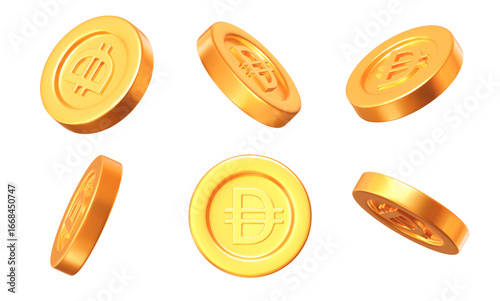 3d set golden UAE Dirham coins with different angles. Stock vector illustration on isolated background.	