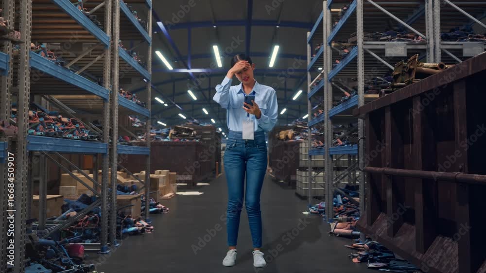 Full Body Of Asian Female With Her Smarphone, Industrial Scrap Metal and Recycling Warehouse, She Is Nodding Her Shead With Dissapionted