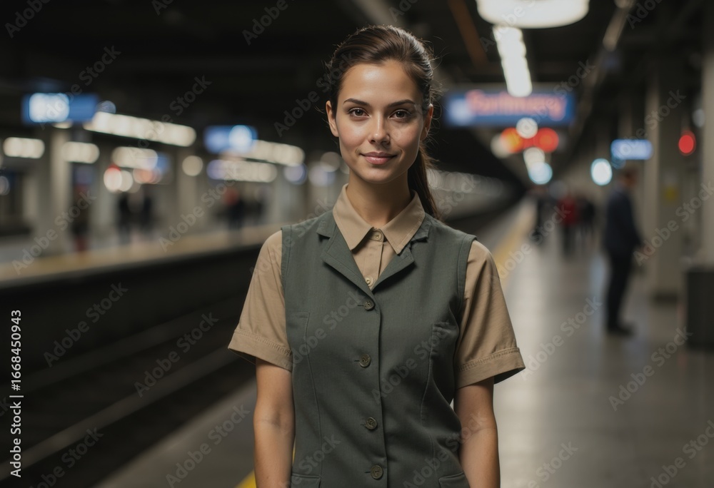 Fototapeta premium Railway concourse attendant standing near barrier post with a retracted belt