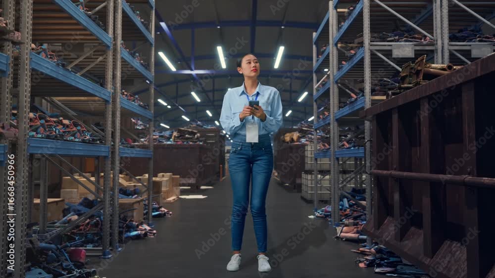 Full Body Of Asian Female Worker With Her Smarphone, Industrial Scrap Metal and Recycling Warehouse, She Observes By Looking Around Before She Come To Concentrating With Her Smarphone