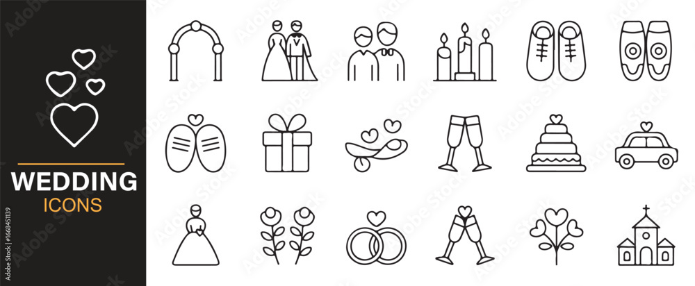 Naklejka premium Minimalist wedding icon set representing love, marriage, and celebration in vector style.