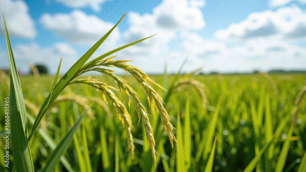 Obraz premium Lush green rice plants sway gently under bright blue sky, showcasing beauty of agriculture and nature bounty