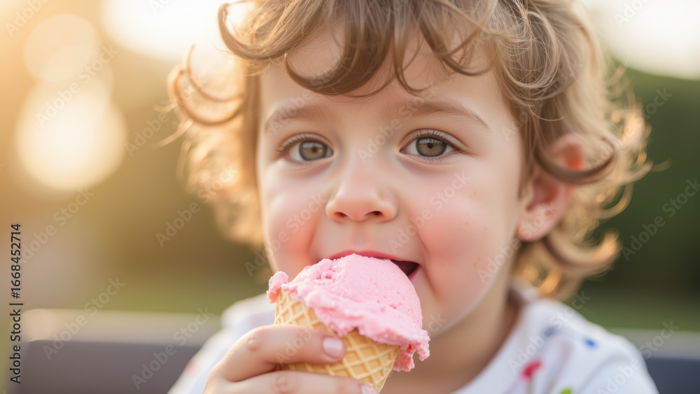 Delightful child enjoying pink ice cream cone in sunny outdoor setting, capturing joy and sweetness of childhood moments Delightful child enjoying pink ice cream cone in sunny outdoor setting, capturing joy and sweetness of childhood moments