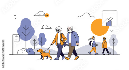 Senior Couple Enjoying a Walk in the Park with their Grandchildren Friends
