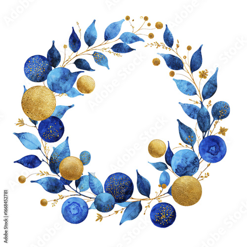 Watercolor Hanukkah Wreath with Blue Leaves and Golden Circles