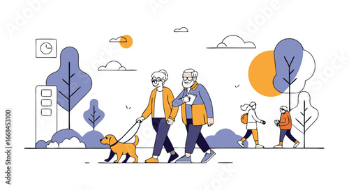 Senior Couple Enjoying a Walk in the Park with their Grandchildren Friends
