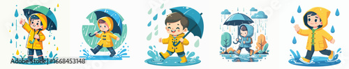vector of a boy playing in the rain wearing raincoats