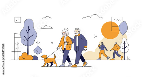 Senior Couple Enjoying a Walk in the Park with their Grandchildren Friends
