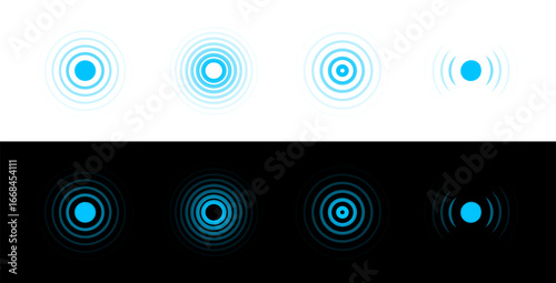 Signal concentric circles. Sonar sound waves isolated on black and white background. Fat style vector illustration