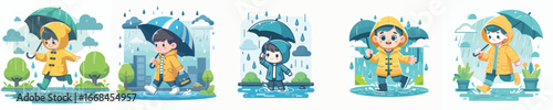 vector of a boy playing in the rain wearing raincoats
