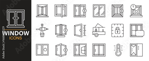 Icons set displaying window systems, hardware, and home improvement tools in black and white.