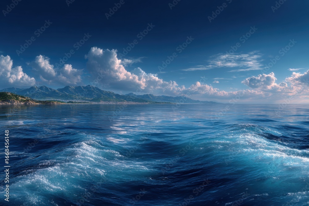 Fototapeta premium Scenic Ocean View with Rolling Waves Mountains and Cloudy Sky Peaceful Seascape