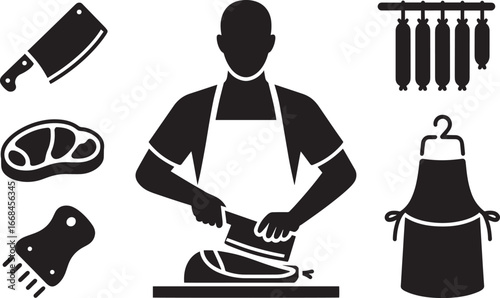 Butcher Shop Icon Set with Meat Cleaver, Steak, Sausage, and Apron on Transparent Backdrop