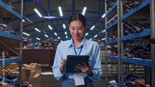 Wallpaper Mural Asian Female With Her Tablet, Industrial Scrap Metal and Recycling Warehouse, Work Continuously With Her Tablet Torontodigital.ca