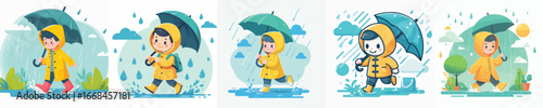 vector of a boy playing in the rain wearing raincoats