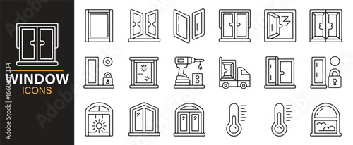 Modern vector icons of windows, locks, and home improvement tools for real estate projects.