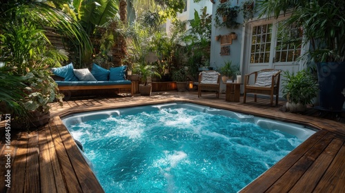 Wallpaper Mural Outdoor jacuzzi with tropical plants on wooden deck Torontodigital.ca