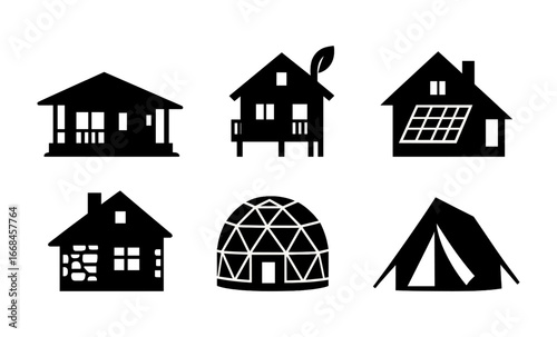 Eco-friendly housing silhouettes featuring dome, cabin, and solar-powered homes