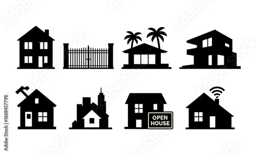 Real estate silhouettes: residential, gated, tropical, architect, renovated, cityscape
