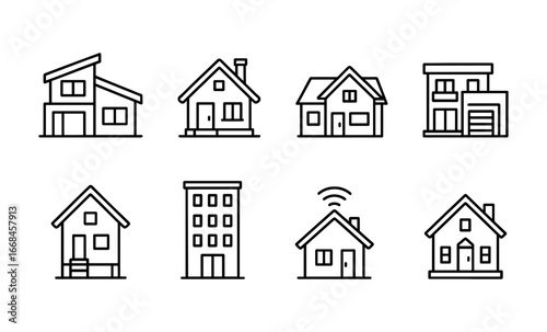 Simple linear icons of diverse house and building designs