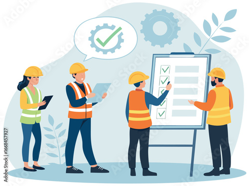 “Construction Workers Safety Training Illustration – Workplace Safety, Engineering Team Meeting, Occupational Health and Checklist Concept in Flat Vector Style”