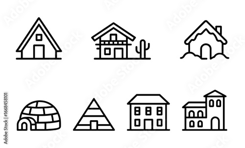 Minimalist house icons: geometric line collection on green background