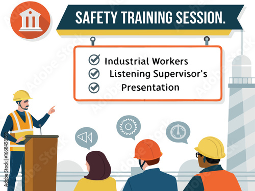 “Construction Workers Safety Training Illustration – Workplace Safety, Engineering Team Meeting, Occupational Health and Checklist Concept in Flat Vector Style”