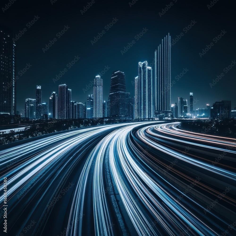 Obraz premium Stunning Night Cityscape with Motion Trails in Urban Environment