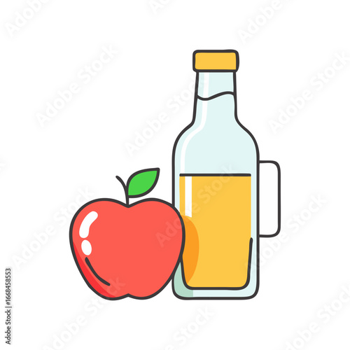Red apple and glass bottle of juice are ready to be consumed