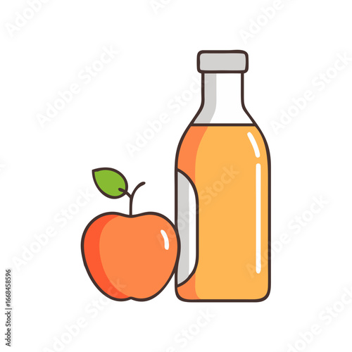 Illustration of Apple Juice Bottle and Fresh Apple with a Leaf