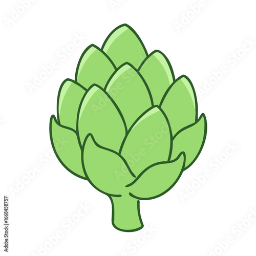 A beautifully illustrated green artichoke with thick outlines on a white background