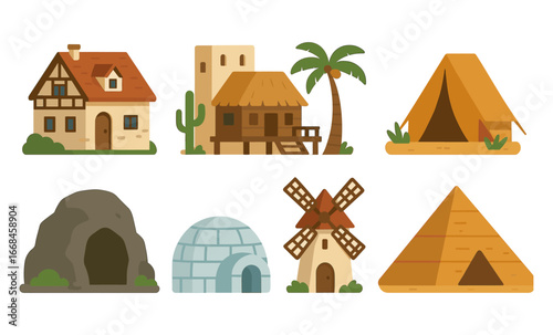 Diverse collection of iconic shelters and houses in flat design