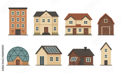 Diverse housing styles collection featuring traditional and modern architecture icons